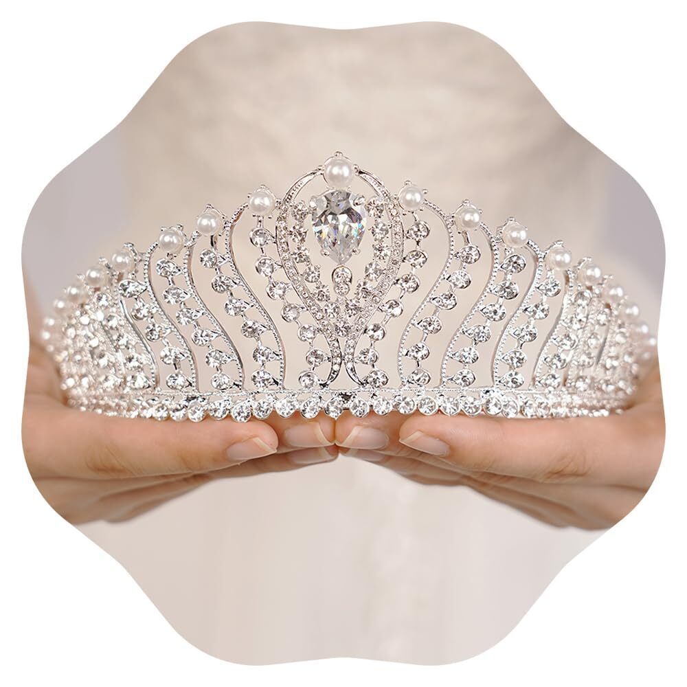 9574 Silver Pearl Crown Queen Crown and Tiara Crystal Rhinestone Princess